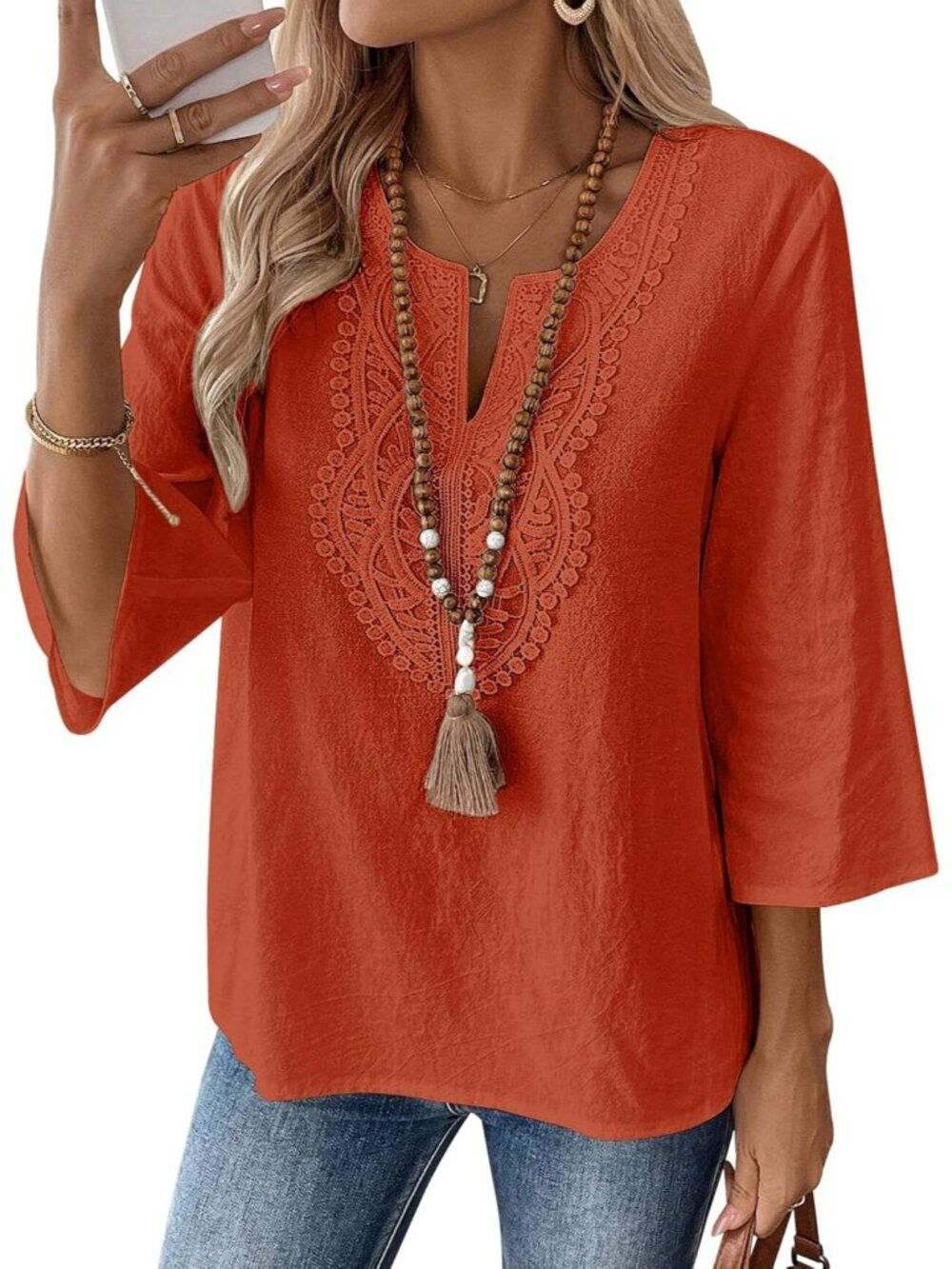Women's Caramel V Neck Pull On Loose Fit Blouses Sleeve Top Cotton Linen Shirt